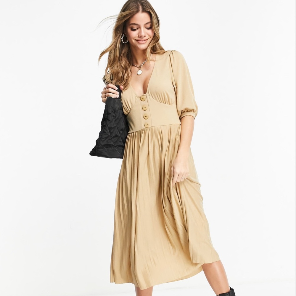 ASOS DESIGN midi short sleeve pleated dress with button detail in camel, size 12
